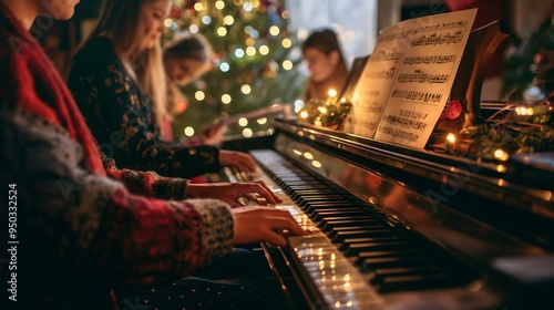 friends singing Christmas carols around the piano photo