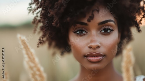 A woman with beautiful curly hair looks poised and serene as she stands amidst tall grass, exuding confidence and a deep connection with nature in soft lighting.