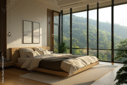 A Minimalist Bedroom with Stunning Nature Views, Perfect for Relaxation and Tranquility in a Contemporary Home Setting.