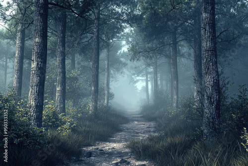 Explore the Enchanted Misty Forest: Tall Trees and Mysterious Pathway Await Your Adventure and Discovery in Nature's Embrace.