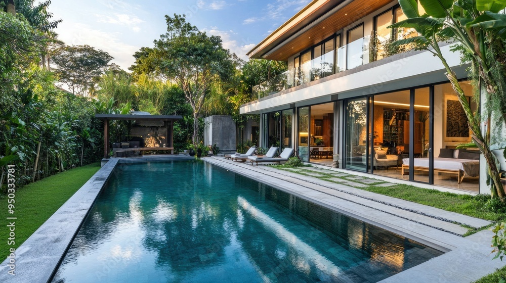 A modern villa with an outdoor pool and lush garden, featuring sleek architecture and a tranquil atmosphere A modern villa with an outdoor pool and lush garden, featuring sleek architecture and a tranquil atmosphere