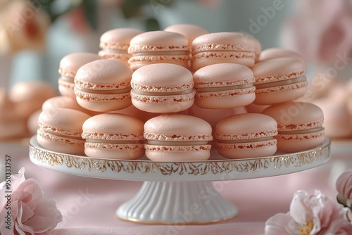 parisian patisserie display elegant arrangement of pastelhued french macarons on a blush pink backdrop delicate floral accents and goldleaf details adding a touch of luxury