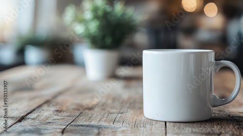 A clean white ceramic mug is placed gracefully on a rustic wooden table, enhanced by the presence of houseplants in the background, suggesting solitude and calmness.