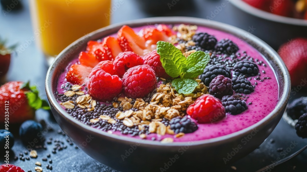 Close-up of a smoothie bowl topped with fresh fruit, granola, and seeds, with a glass of juice on the side.