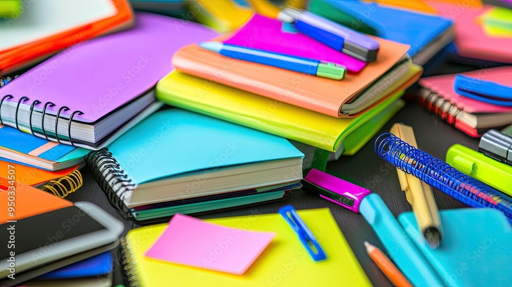 A neat pile of colorful notebooks with scattered highlighters and sticky notes, ready for study or work. A neat pile of colorful notebooks with scattered highlighters and sticky notes, ready for study or work.
