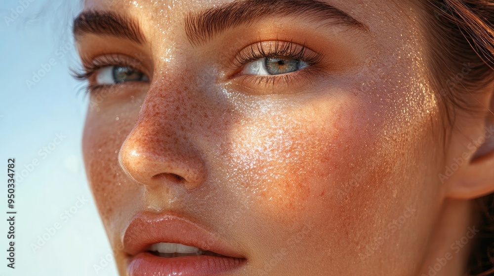 Naklejka premium Close-up of a face with dewy, glowing skin, applying sunscreen or skincare products with care