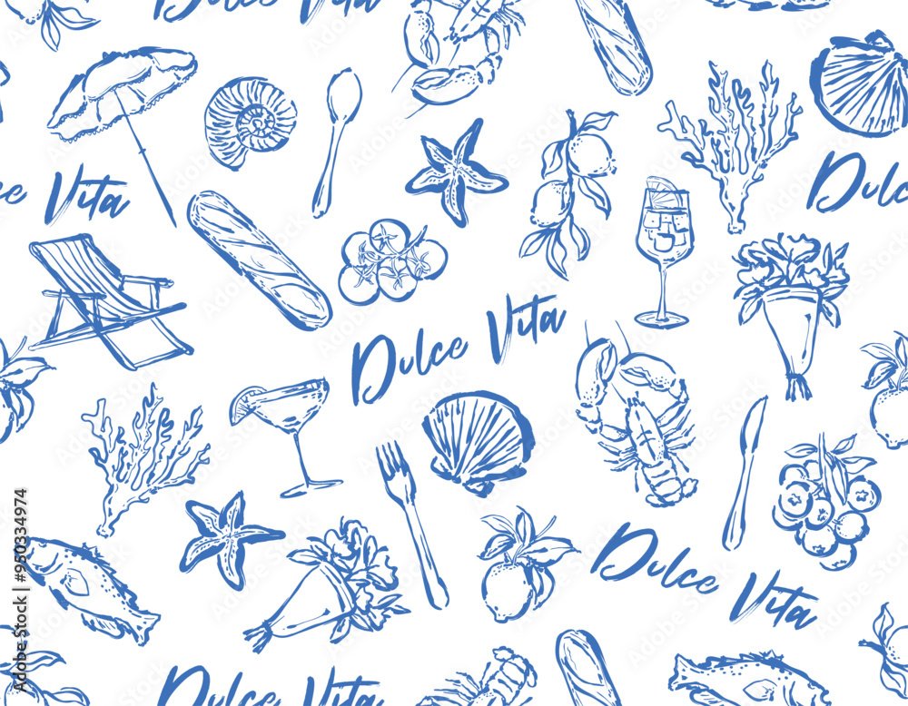Trendy Hand drawn summer beach vacationin  Italy mood Italian food , Cocktial , signage, Umbrella ,Vacation