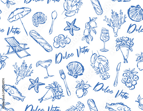 Trendy Hand drawn summer beach vacationin  Italy mood Italian food , Cocktial , signage, Umbrella ,Vacation