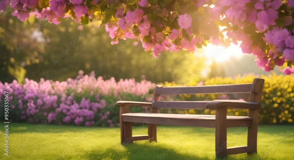 Wooden bench in vibrant flower garden with colorful blossoms 4k animation Wooden bench in vibrant flower garden with colorful blossoms 4k animation