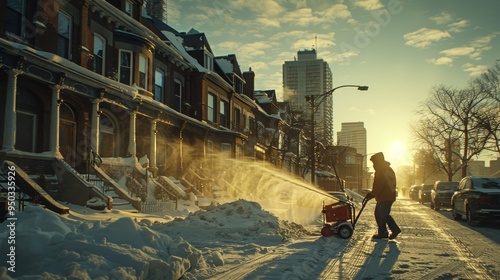 Man operates snow blower to clear sidewalk of freshly fallen snow during winter weather photo