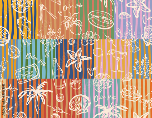 Trendy  summer beach vacationin in  Italy  Mood tropical mood summer food , Activity  Lemon , Umbrella ,Vacation  seamless pattern on Colourful Multi Striped