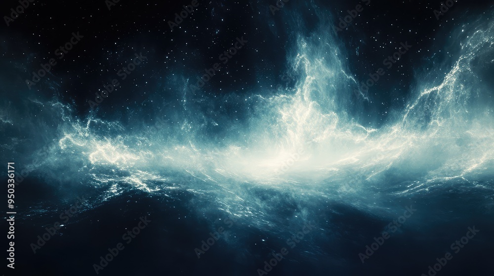 Fototapeta premium Whispers of the Void: Subtle light trails and cosmic dust floating in a vast, dark expanse, capturing a sense of infinite emptiness.