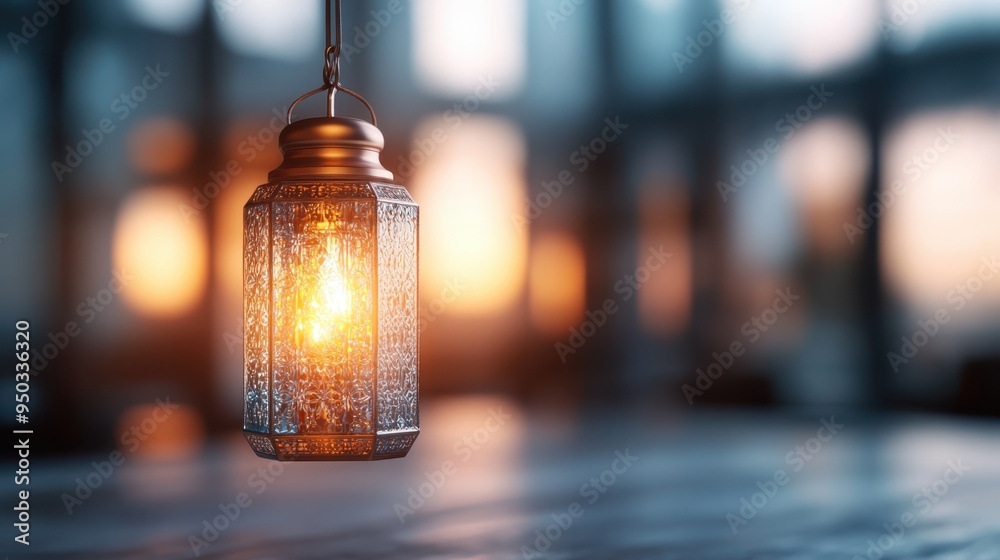 A refined image of a lantern featuring intricate patterns and a warm yellow-orange glow, imparting a cozy and inviting atmosphere in a softly lit space.