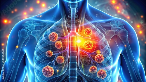 Illuminated 3D illustration of the human lungs with cancer cells and tumors, highlighting the devastating effects of lung cancer on respiratory health.