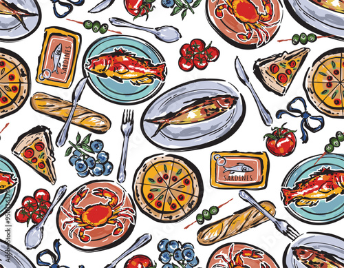 Trendy Italian food , pizza , Sea food ingredients. Spaghetti Fruits background.  seamless pattern. Vector illustration