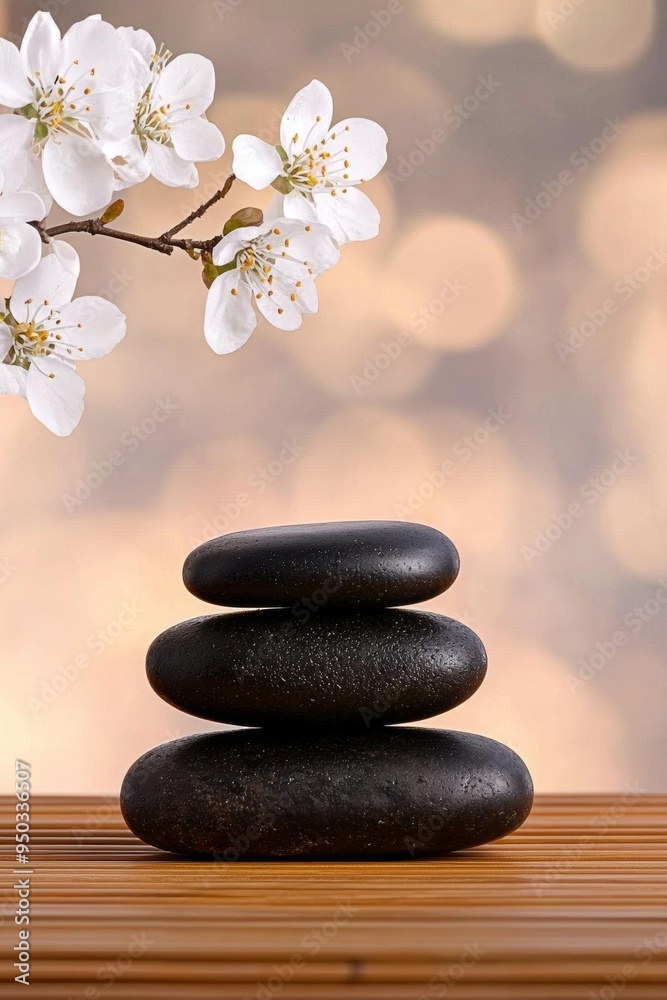 A peaceful spa image with smooth hot stones resting on a bamboo surface, surrounded by flowers, captured in soft, ambient light A peaceful spa image with smooth hot stones resting on a bamboo surface, surrounded by flowers, captured in soft, ambient light