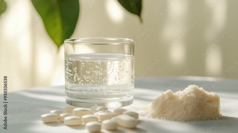 Collagen powder and tablets with a glass of water, promoting skin and joint health with a soft-focus background. Collagen powder and tablets with a glass of water, promoting skin and joint health with a soft-focus background.