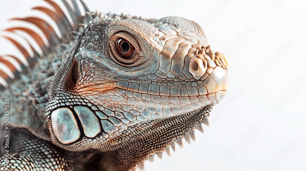 A close up, realistic of an iguana with a serene gaze, positioned on a vivid white background. The lighting is soft and even, capturing the fine details of the iguanas scales and A close up, realistic of an iguana with a serene gaze, positioned on a vivid white background. The lighting is soft and even, capturing the fine details of the iguanas scales and