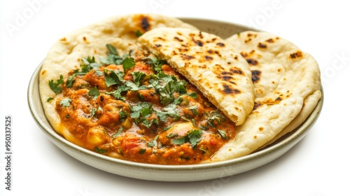 A plate of vibrant Indian curry with naan bread, set against a white background, highlighting the rich colors and textures of the dish.