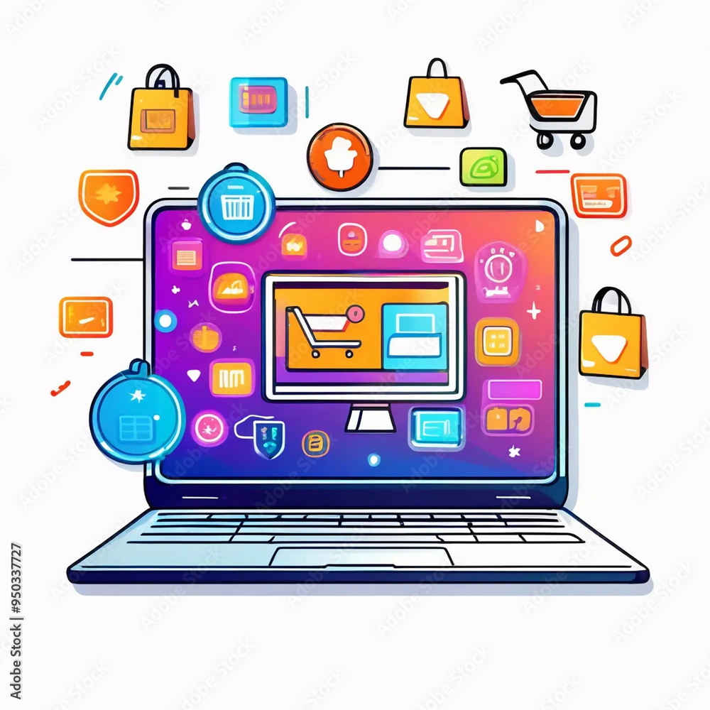 A laptop with a bunch of icons coming out of it and a shopping cart coming out of the screen A laptop with a bunch of icons coming out of it and a shopping cart coming out of the screen