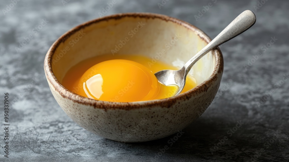 Egg yolk in a small dish with a spoon, ready to be added to recipes or used in cooking.