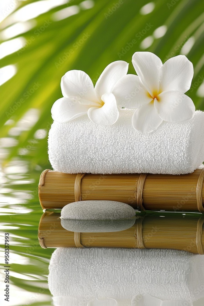 A tranquil spa setting with bamboo, flowers, and hot stones, all captured in soft, natural lighting to evoke serenity A tranquil spa setting with bamboo, flowers, and hot stones, all captured in soft, natural lighting to evoke serenity