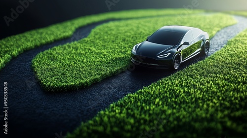 A dark green electric car leaving green grass tracks on a dark , smooth surface. Concept of environmentally friendly vehicle technology. 3D Rendering  photo