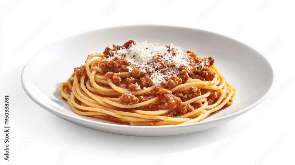 A portion of spaghetti with a hearty meat sauce and a sprinkle of parmesan cheese, elegantly plated on a white dish with a white background. A portion of spaghetti with a hearty meat sauce and a sprinkle of parmesan cheese, elegantly plated on a white dish with a white background.
