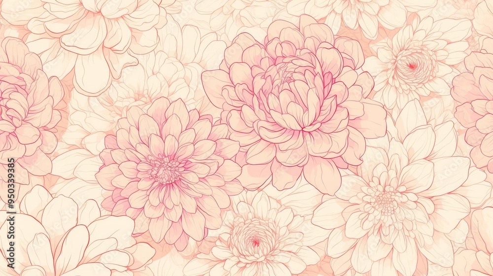 Seamless Pattern Featuring Hand-Drawn Dahlia Flowers Seamless Pattern Featuring Hand-Drawn Dahlia Flowers