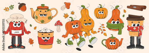 Cozy autumn stickers set. Elements perfect for scrapbook, poster, invitation, sticker kit. Retro groovy characters - leaves, pumpkins, coffee cup, jam jar, mushrooms, acorn, teapot
