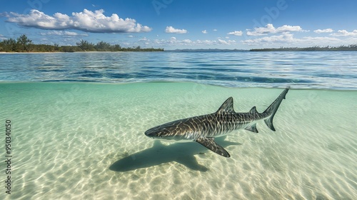 Tiger Shark Swimming in Clear Water