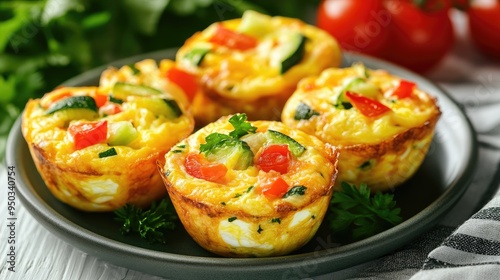 Freshly baked egg muffins with vegetables and cheese, arranged on a plate for a healthy breakfast option