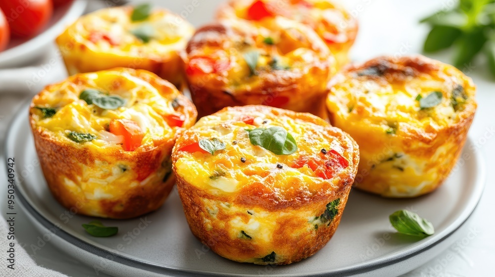 Freshly baked egg muffins with vegetables and cheese, arranged on a plate for a healthy breakfast option Freshly baked egg muffins with vegetables and cheese, arranged on a plate for a healthy breakfast option