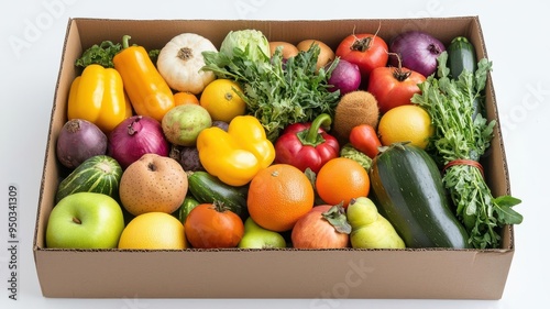 Box of assorted fruits and vegetables wrapped in eco-friendly material, Sustainable packaging, Farm-to-table freshness photo