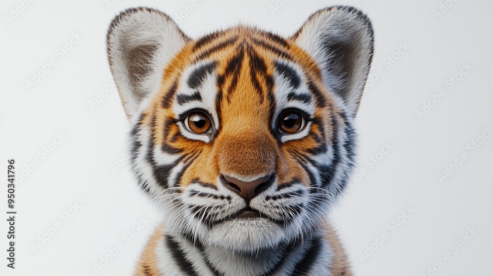 Obraz premium A detailed and realistic close up of a charming tiger cub, showcasing its expressive eyes and fluffy fur. The cub is positioned in front of a pure white backdrop, with bright, even