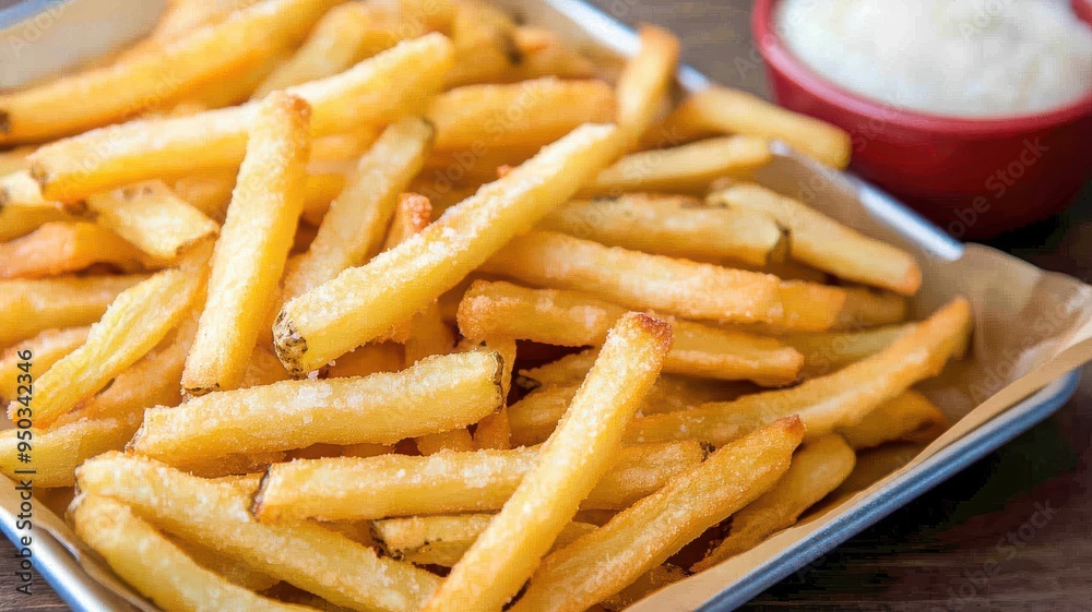 Box of frozen French fries spilling onto a baking tray, Frozen side dishes, Easy snack Box of frozen French fries spilling onto a baking tray, Frozen side dishes, Easy snack