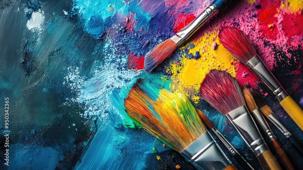 Fototapeta premium Vibrant paint splatters and brushes arranged on a canvas in an artistic workspace during a creative session