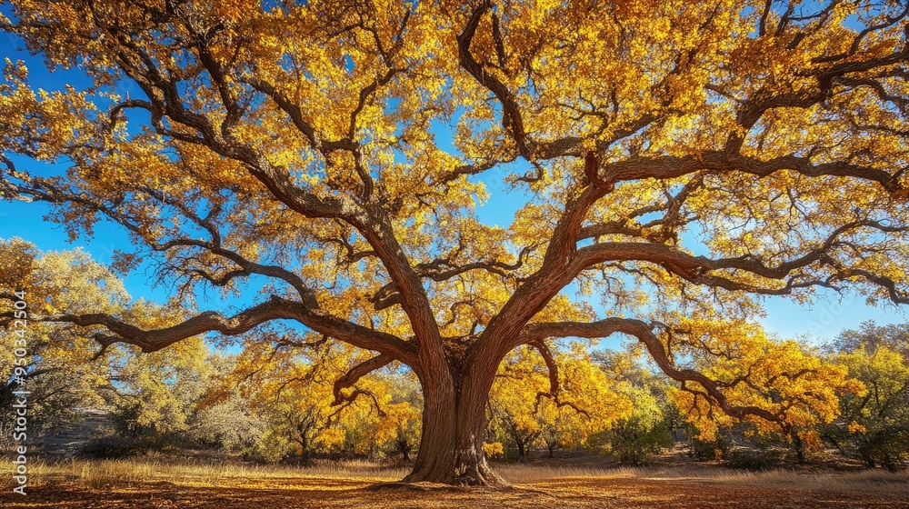Majestic oak tree with sprawling branches and golden leaves under a bright blue sky, evoking a serene autumn feel