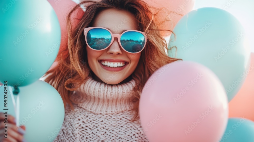 A person with wavy hair in a knitted sweater is holding pastel-colored balloons outdoors, evoking a sense of carefree enjoyment and wind-blown exuberance on a breezy day. A person with wavy hair in a knitted sweater is holding pastel-colored balloons outdoors, evoking a sense of carefree enjoyment and wind-blown exuberance on a breezy day.