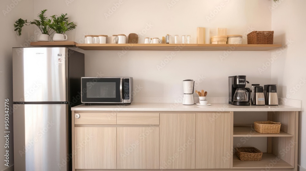 Clean and organized office pantry with a microwave, fridge, and coffee maker, Office kitchen, Workplace organization Clean and organized office pantry with a microwave, fridge, and coffee maker, Office kitchen, Workplace organization