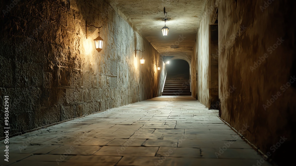 Obraz premium Floating ghost in a medieval castle, eerie torches lighting the halls, haunted history, Halloween spirit