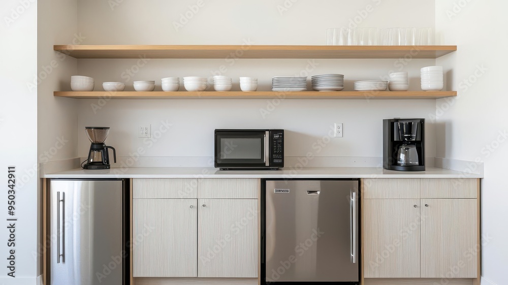 Clean and organized office pantry with a microwave, fridge, and coffee maker, Office kitchen, Workplace organization Clean and organized office pantry with a microwave, fridge, and coffee maker, Office kitchen, Workplace organization