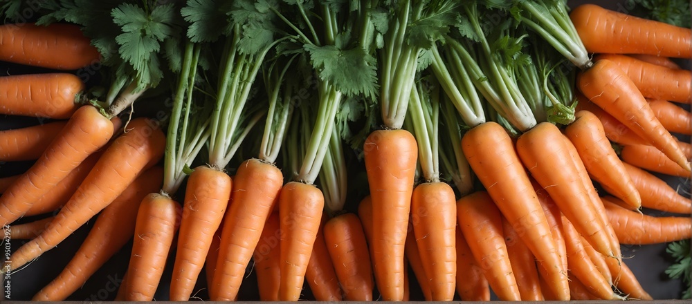 Pile of orange carrots with green leaves. Fresh vegetables background Pile of orange carrots with green leaves. Fresh vegetables background