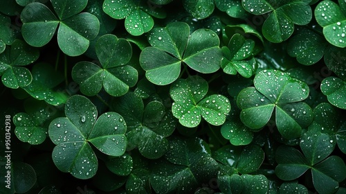 A serene scene capturing the morning dew resting on four-leaf clovers, highlighting the beauty and freshness of nature, along with the symbolism of luck and growth.