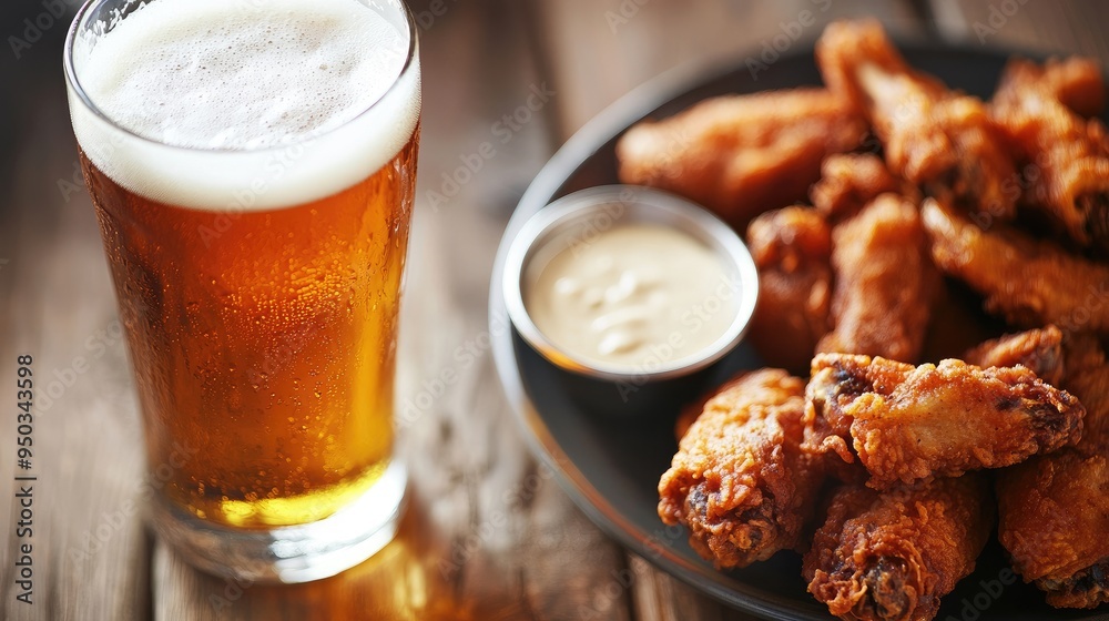 Pint of golden beer with foam next to a plate of fried chicken wings and dipping sauce on a rustic wooden table Pint of golden beer with foam next to a plate of fried chicken wings and dipping sauce on a rustic wooden table