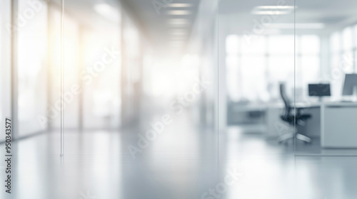 A modern office corridor with a bright, empty, and clean design, highlighting the sleek and professional work environment.