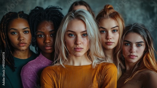 A female empowerment concept featuring a diverse group of women of different ages and ethnicities standing together in a powerful pose their expressions fierce and united