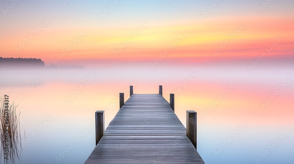 A peaceful lakeside dock at dawn, with still waters reflecting the soft pink and orange hues of the sky A peaceful lakeside dock at dawn, with still waters reflecting the soft pink and orange hues of the sky