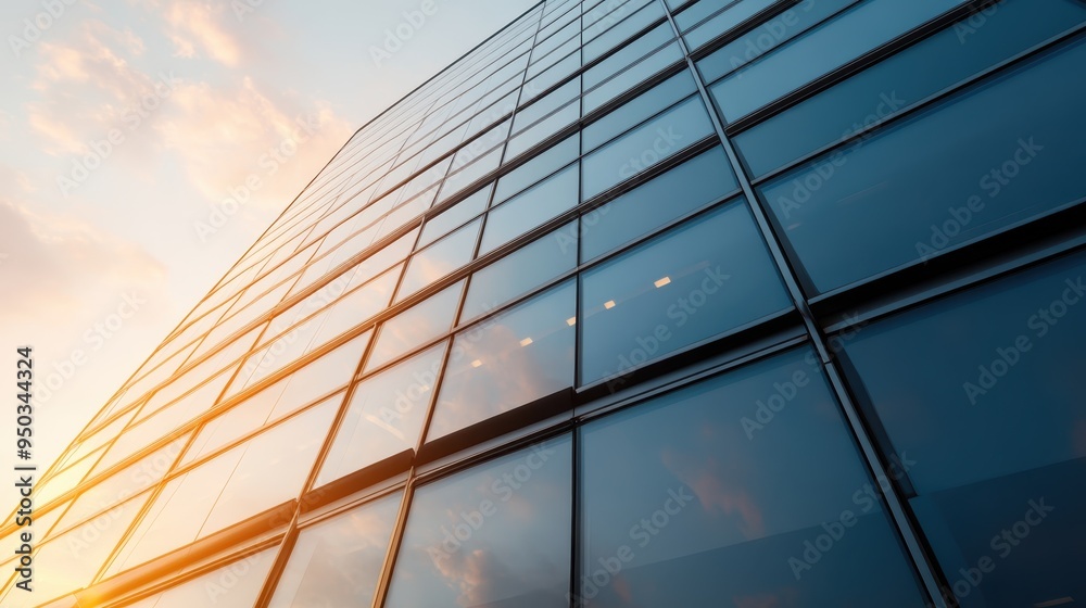 A striking modern glass building reflecting the golden morning sunlight, capturing the architectural elegance and urban atmosphere of the surroundings in a mesmerizing view.