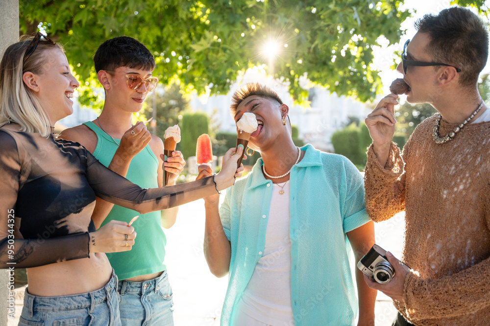 LGBTQIA+ friends enjoying ice cream together on a sunny day LGBTQIA+ friends enjoying ice cream together on a sunny day